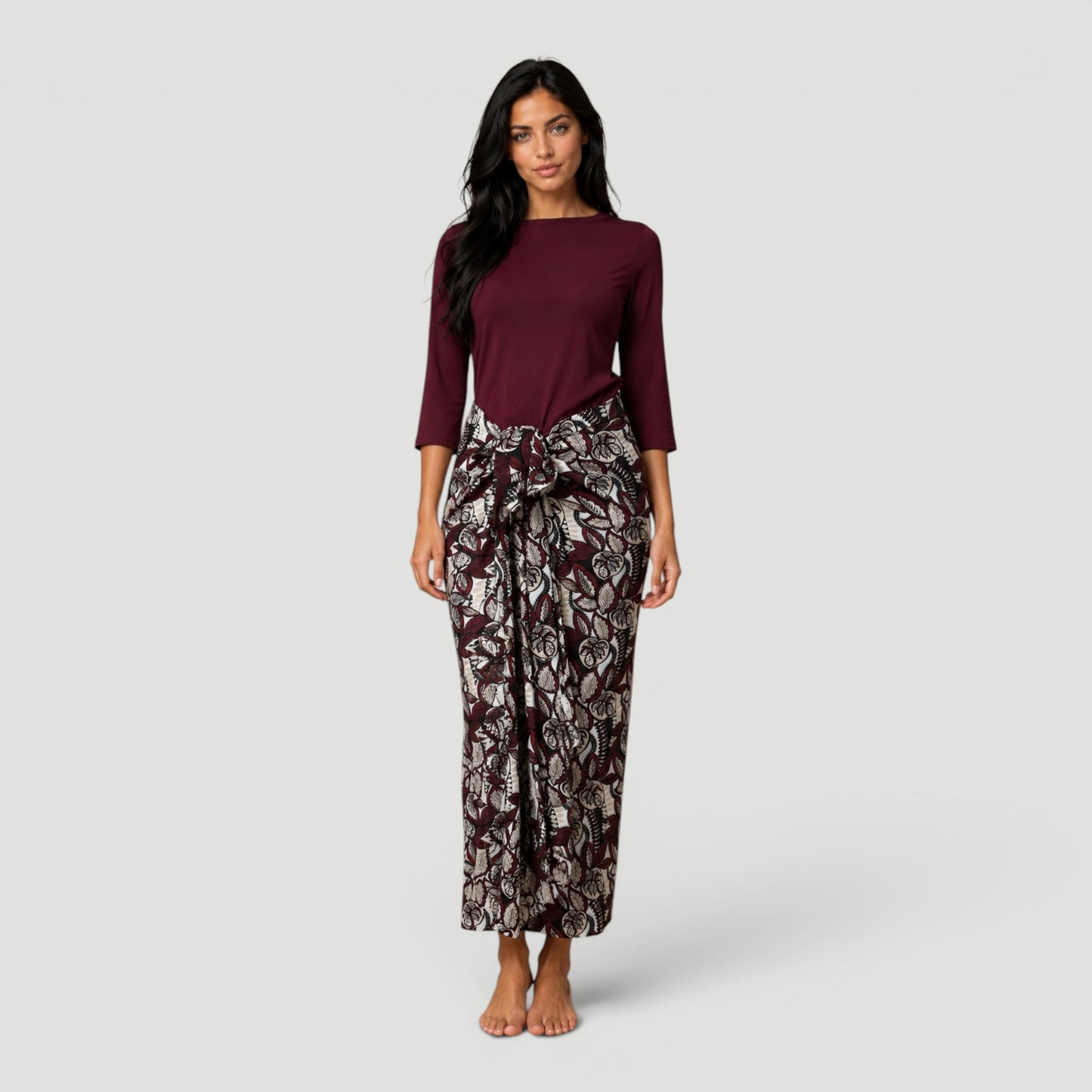 Non Stretch Tie Skirt Burgundy Floral