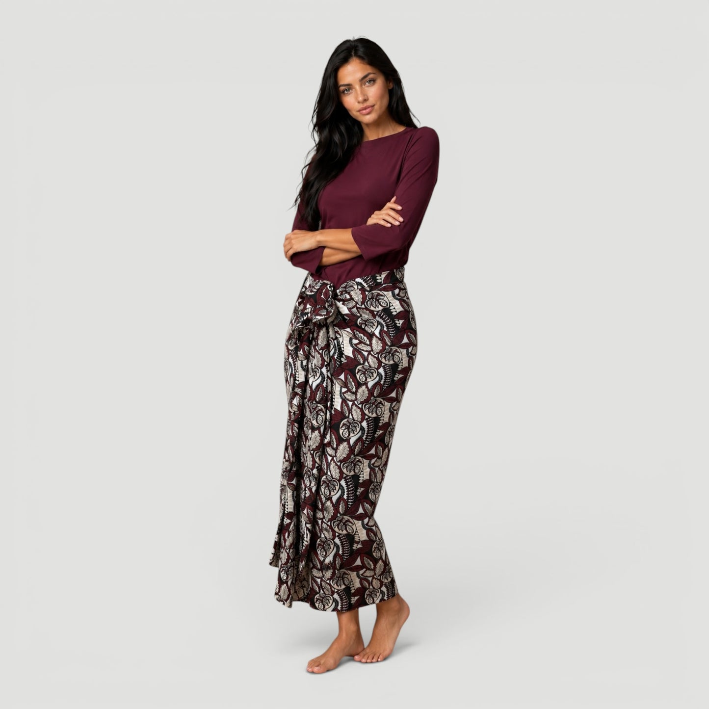Non Stretch Tie Skirt Burgundy Floral