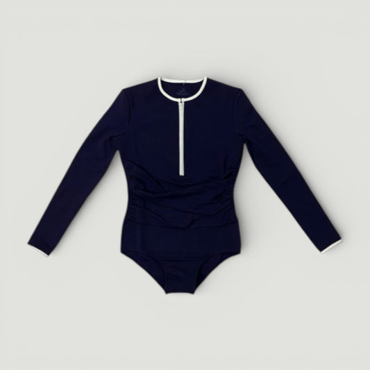 Navy Ribbed Long Sleeve Bathing Suit