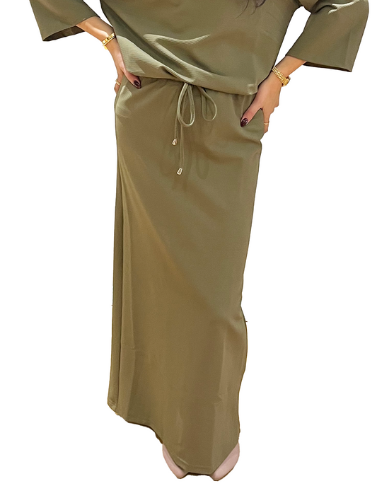 Green Ribbed Drawstring Swim Skirt