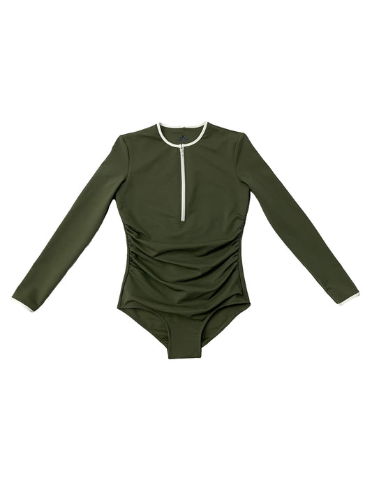 Green Ribbed Long Sleeve Bathing Suit