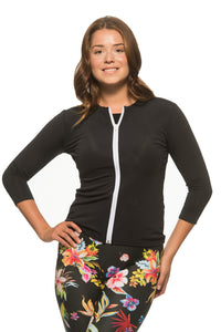 Ladies Black Swim Shirt with Full White Zipper