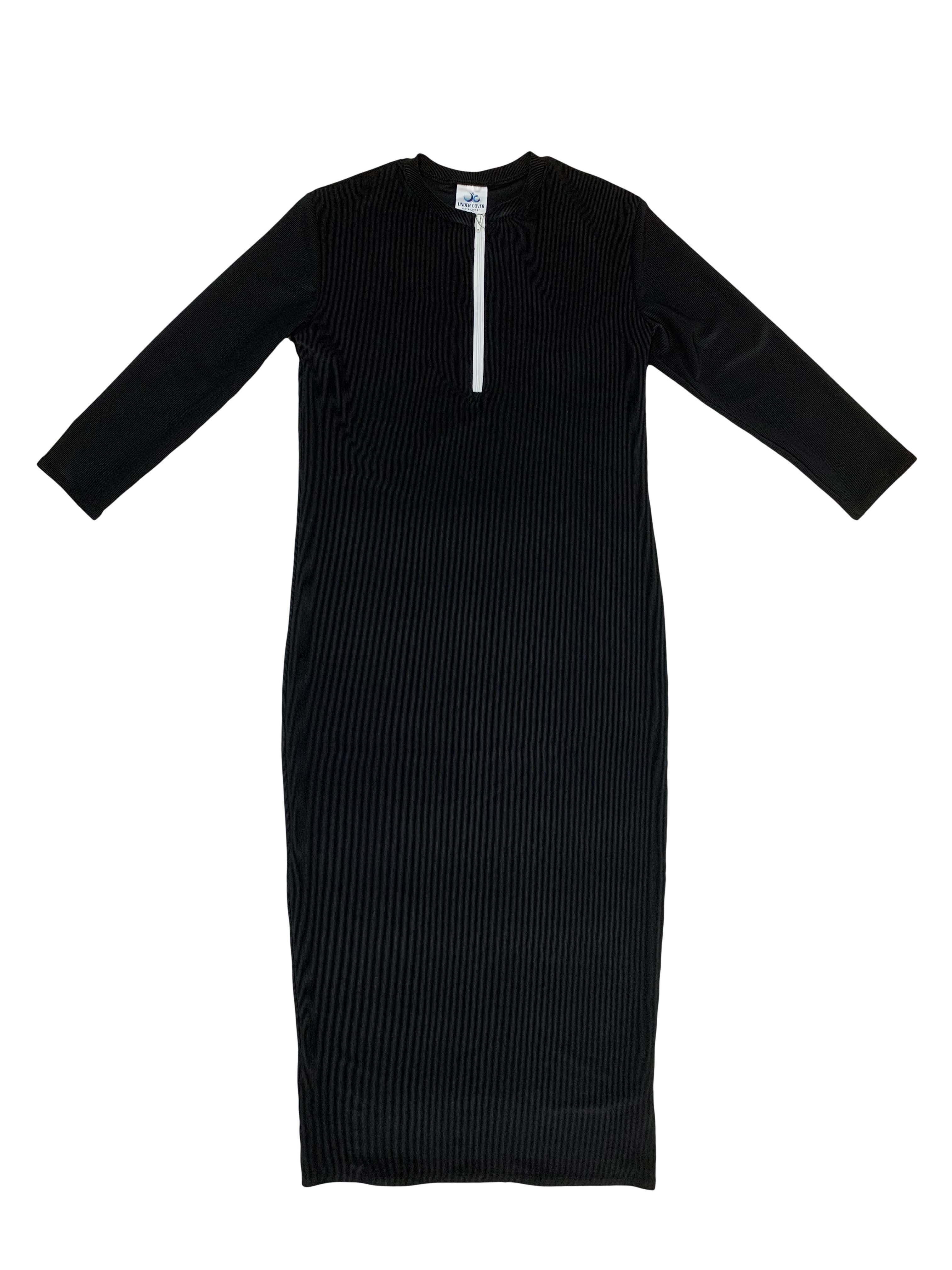 Black Half Zip Ribbed Maxi Swim Dress